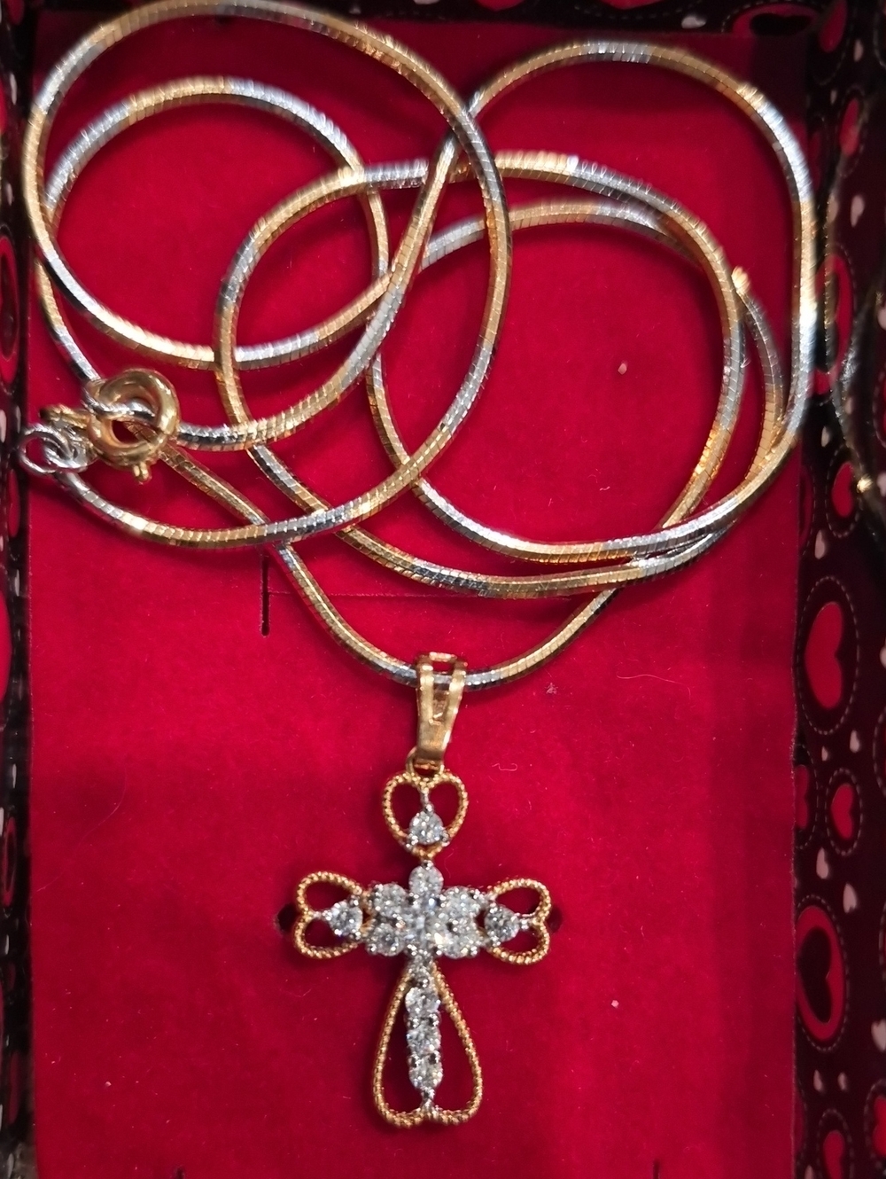 Beautiful Two-Tone Gold & Silver Ornate Crystal Cross Pendant Necklace